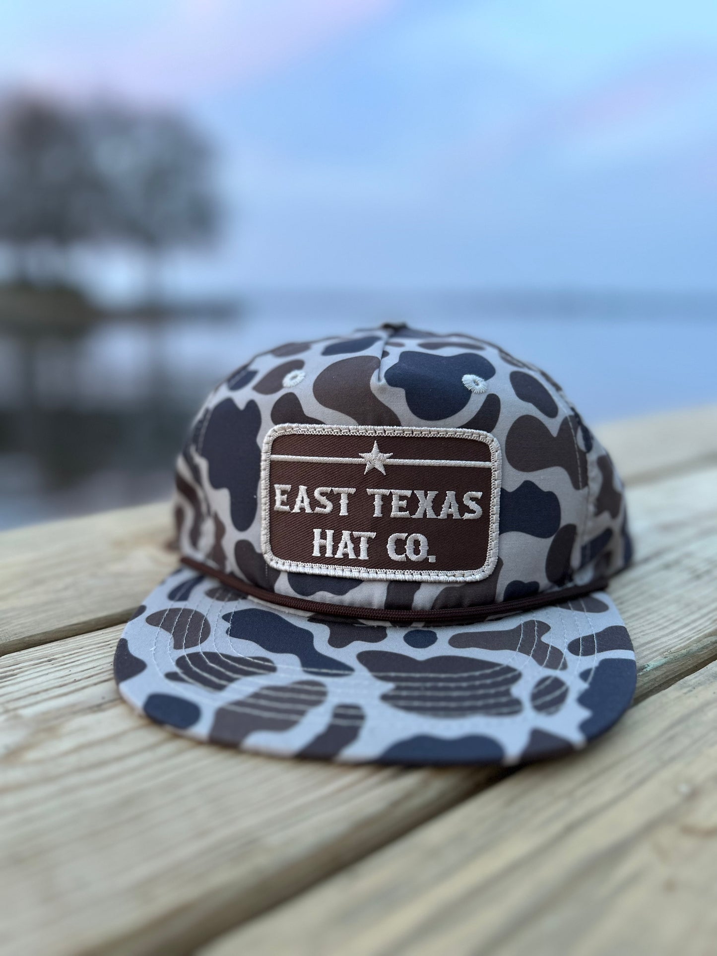 Old Duck Camo rope hat with east Texas hat co patch in brown and tan