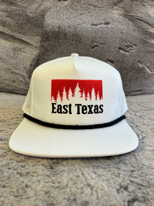 East Texas Cowboy killer flatt bill snapback hat in white with red and black stitching.